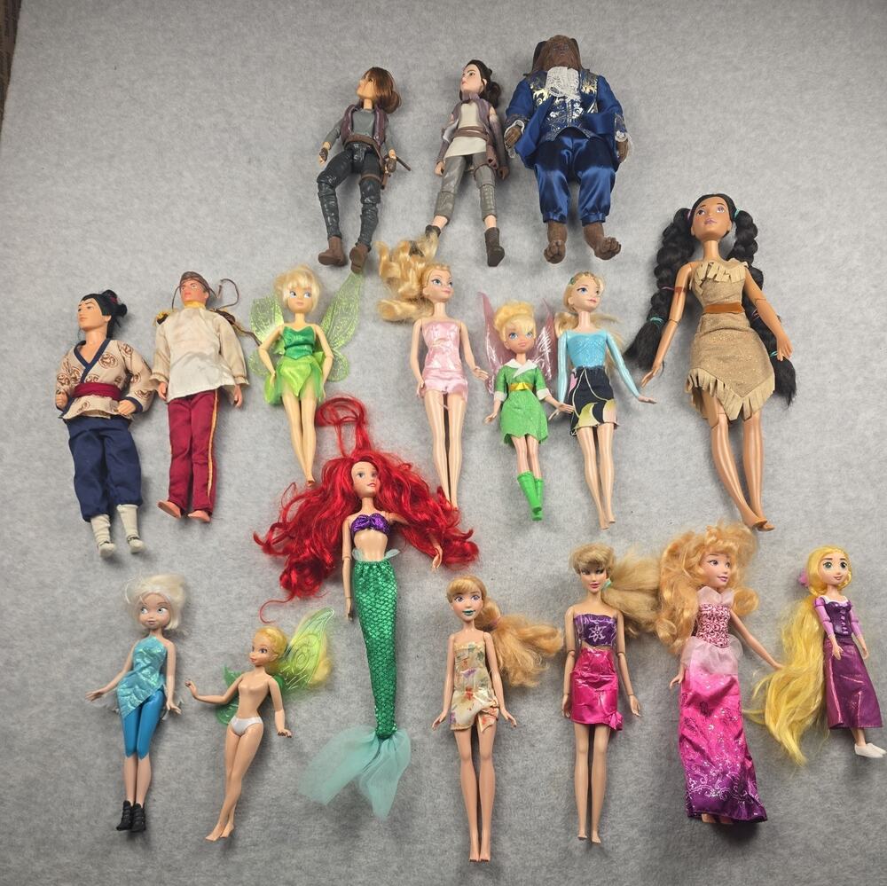Lot of 17 Disney Princess Fairies Dolls Star Wars Rey Jyn Beast Ariel For Parts